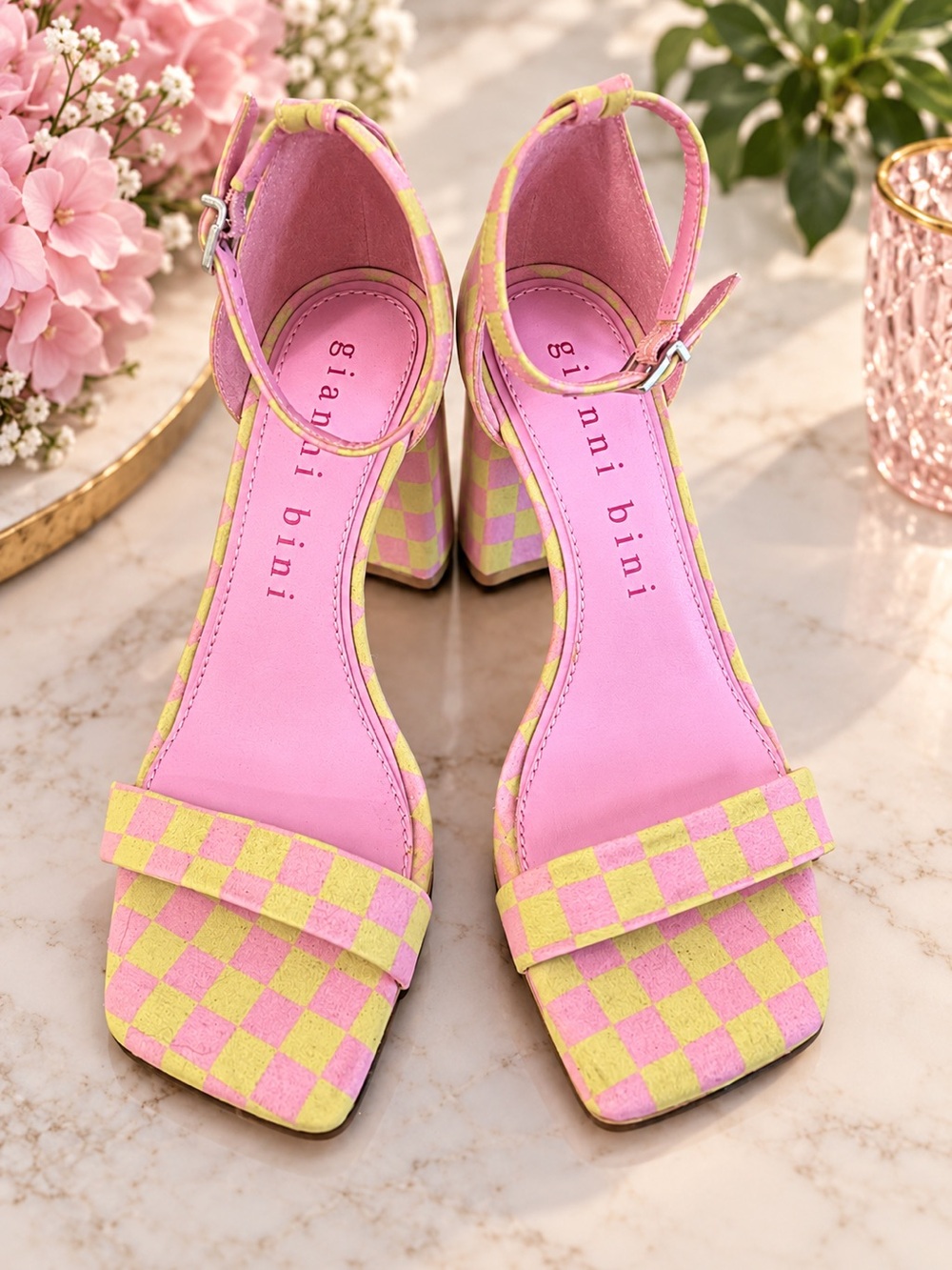Gianni Bini Pink and Yellow Checkered Block Heel Sandals